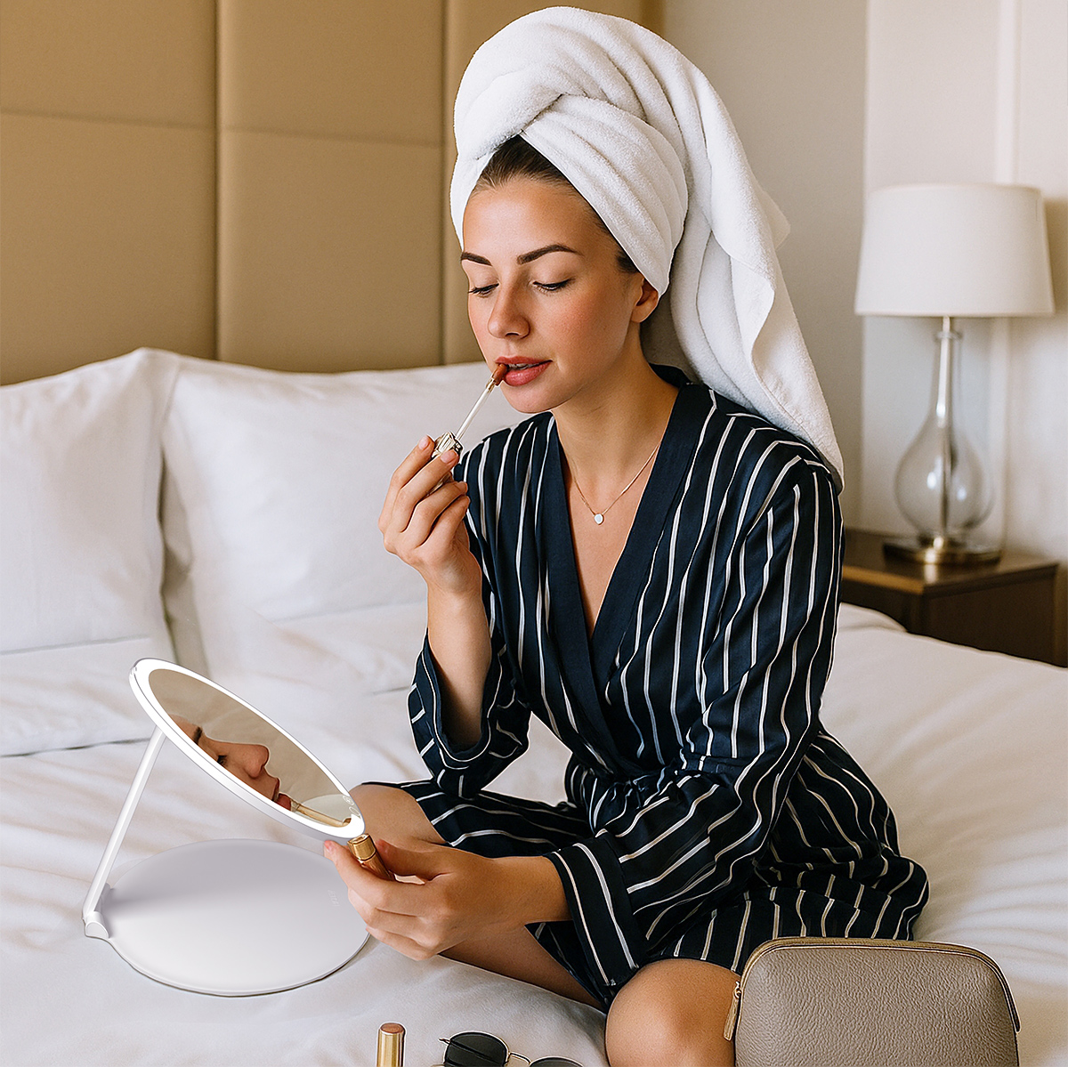 Woman in striped robe applying lipstick, sitting on bed with towel on head.