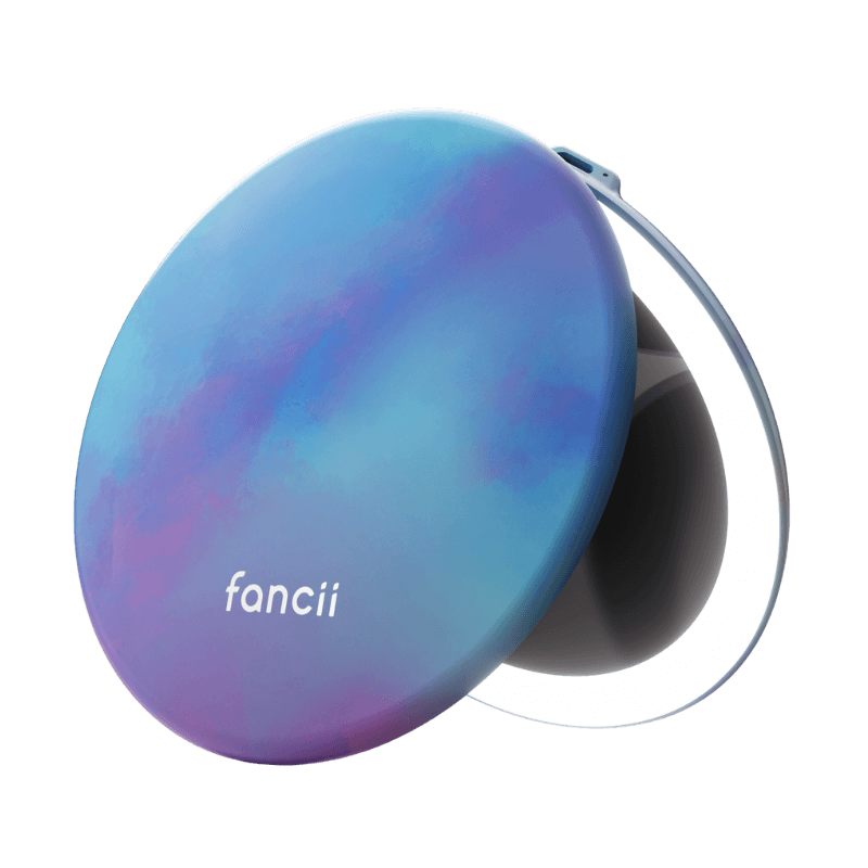 A round, blue-purple compact mirror with a light-up edge and 'fancii' logo.