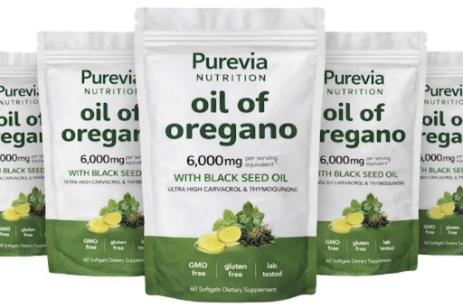 Five pouches of Purevia Nutrition Oil of Oregano with Black Seed Oil supplements arranged in a row.