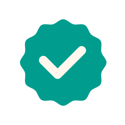 A white checkmark inside a teal, starburst-shaped badge on a black background.