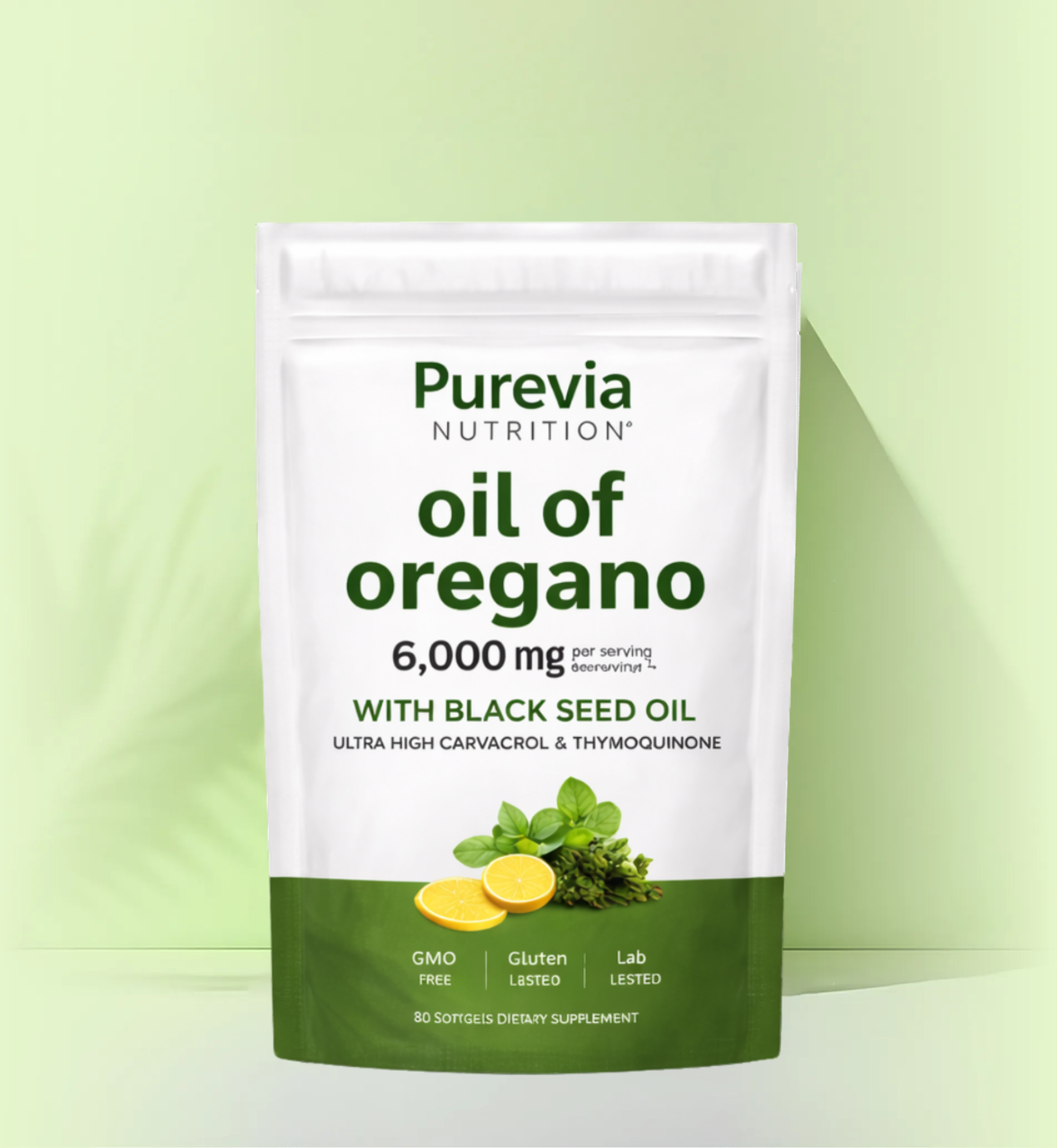 A white and green pouch of Purevia Nutrition Oil of Oregano with Black Seed Oil dietary supplement.