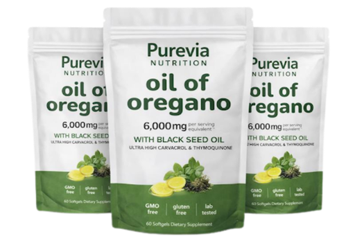 Three white pouches of Purevia Nutrition Oil of Oregano softgels against a transparent background.