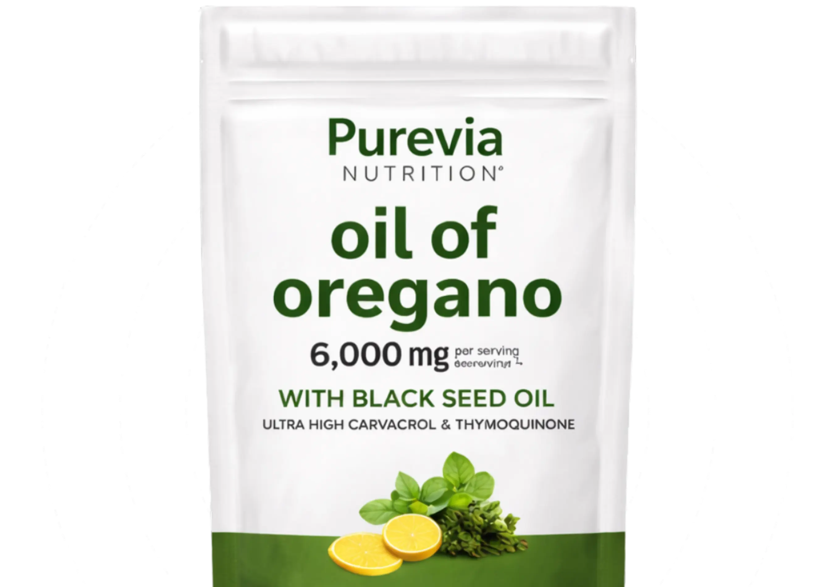 A white pouch of Purevia Nutrition's Oil of Oregano supplement against a green background.
