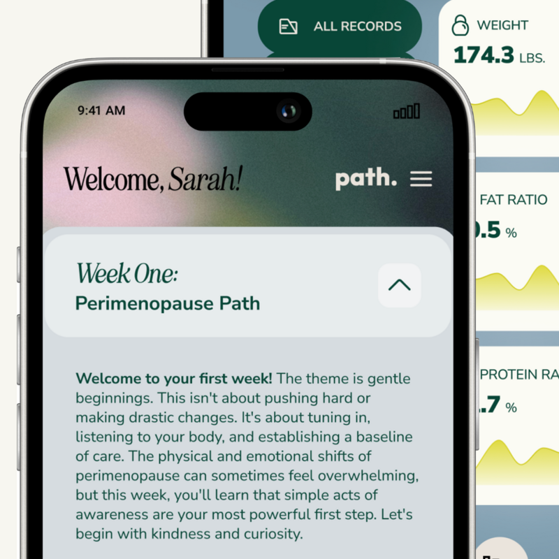 A close-up of a health and wellness app on a smartphone screen showing a 'Perimenopause Path' program.