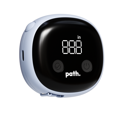 A small, round, light blue electronic measuring device with a digital display, branded 'path.'