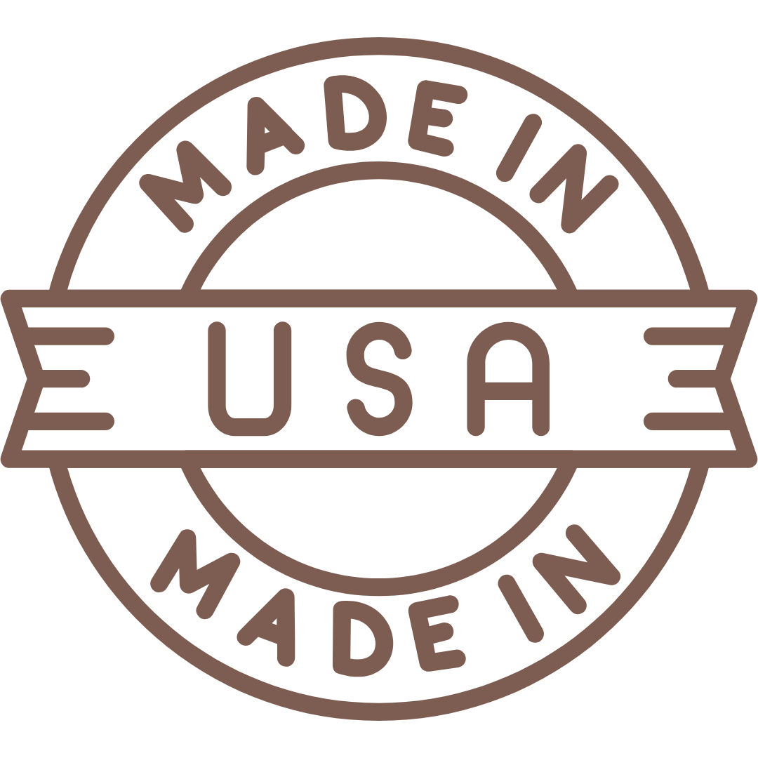 Circular 'Made in USA' badge with brown text and border.