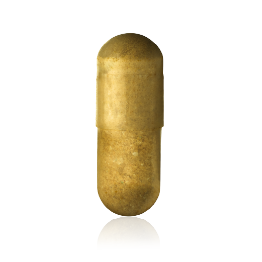 A close-up of a single yellow-brown translucent capsule with powder inside, on a white reflective surface.
