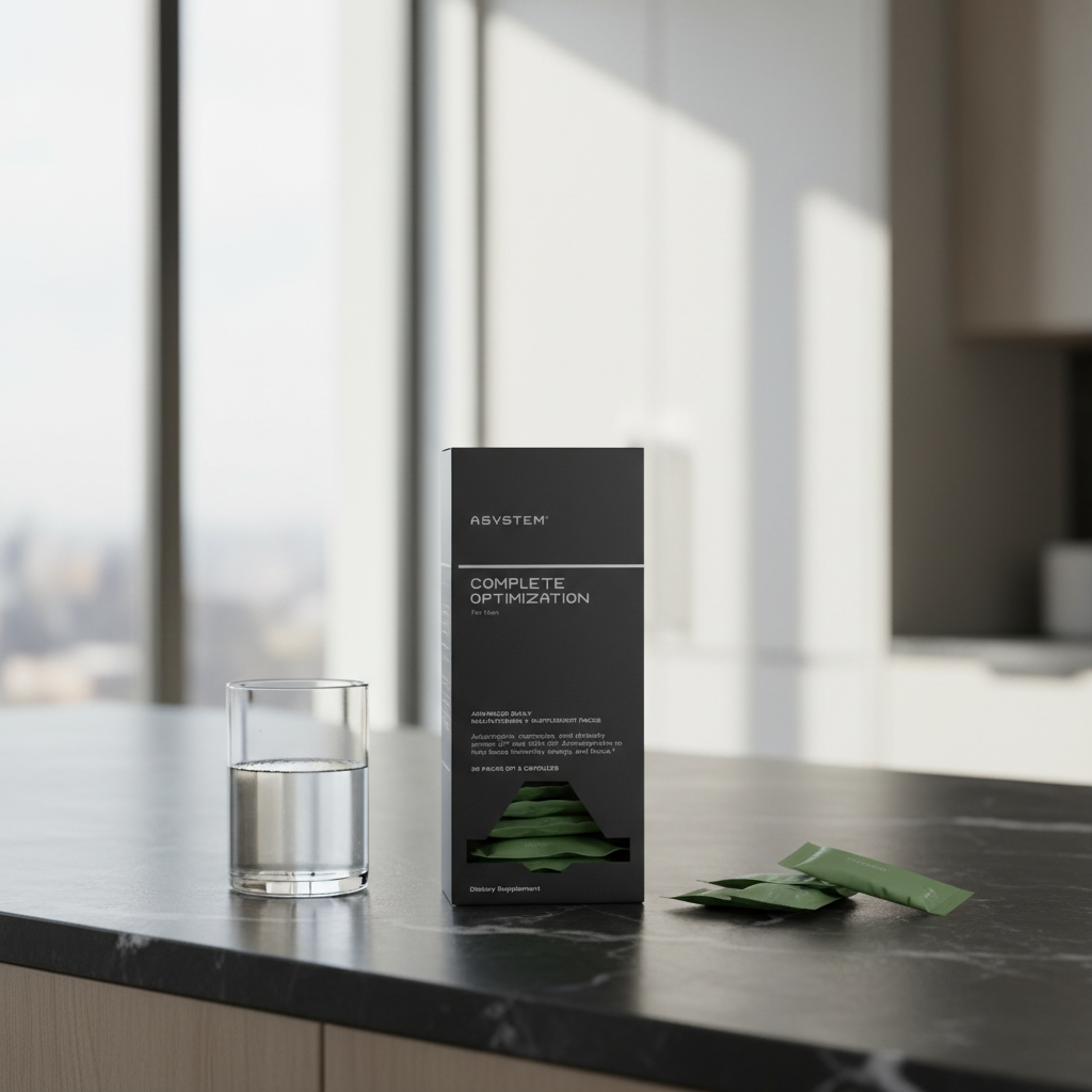 A box of ASYSTEM Complete Optimization supplements sits on a counter next to a glass of water.