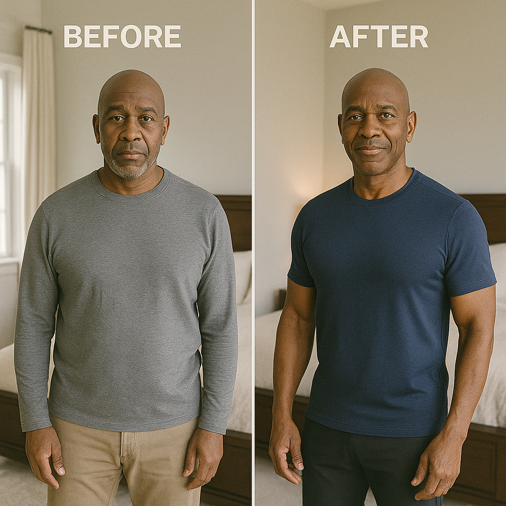 Split image showing a tired man on the left and energetic man on the right.