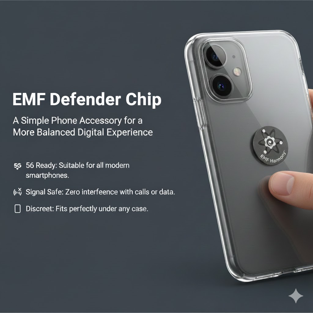 Smartphone with EMF Defender Chip and descriptive text about its features.