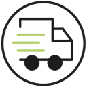 Icon of a delivery truck with motion lines inside a circle.