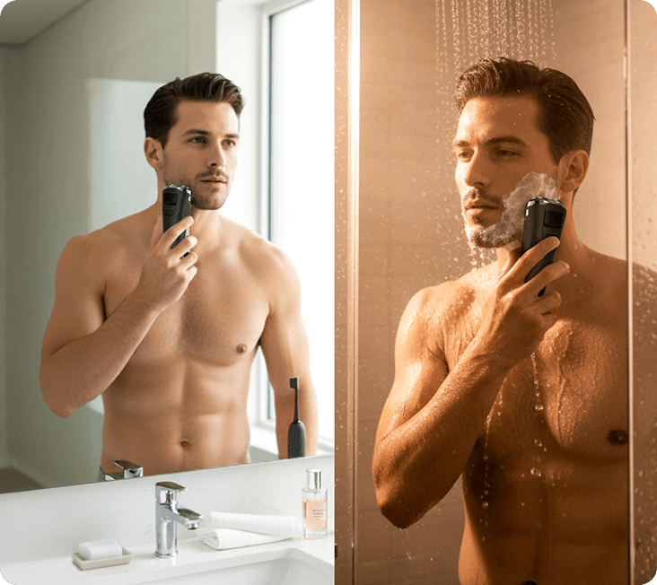 Two images of a shirtless man using a shaver, one in front of a mirror and one in the shower.