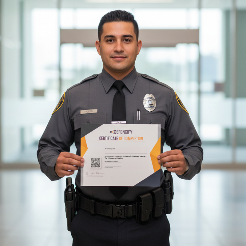 A security guard in a grey uniform smiles while holding a Defencify certificate of completion.
