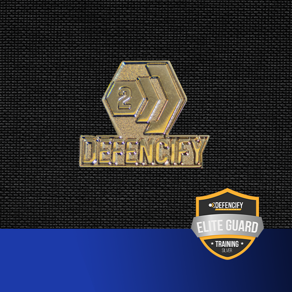 Gold pin with 'DEFENCIFY' and a shield logo on a textured background.
