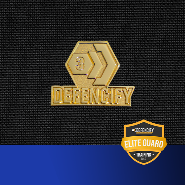 Gold badge with 'DEFENCIFY' text and Elite Guard emblem on black background.