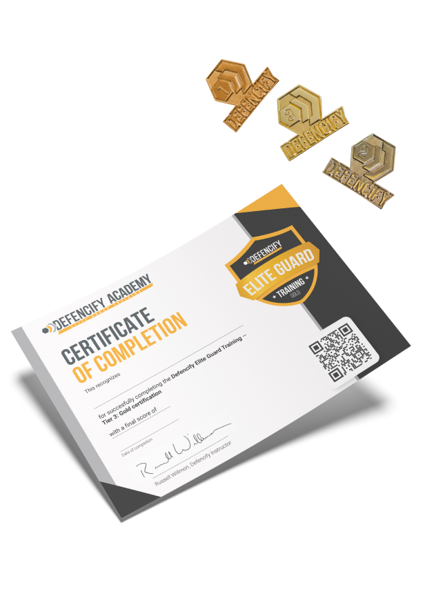 Certificate of completion with three gold badges above.