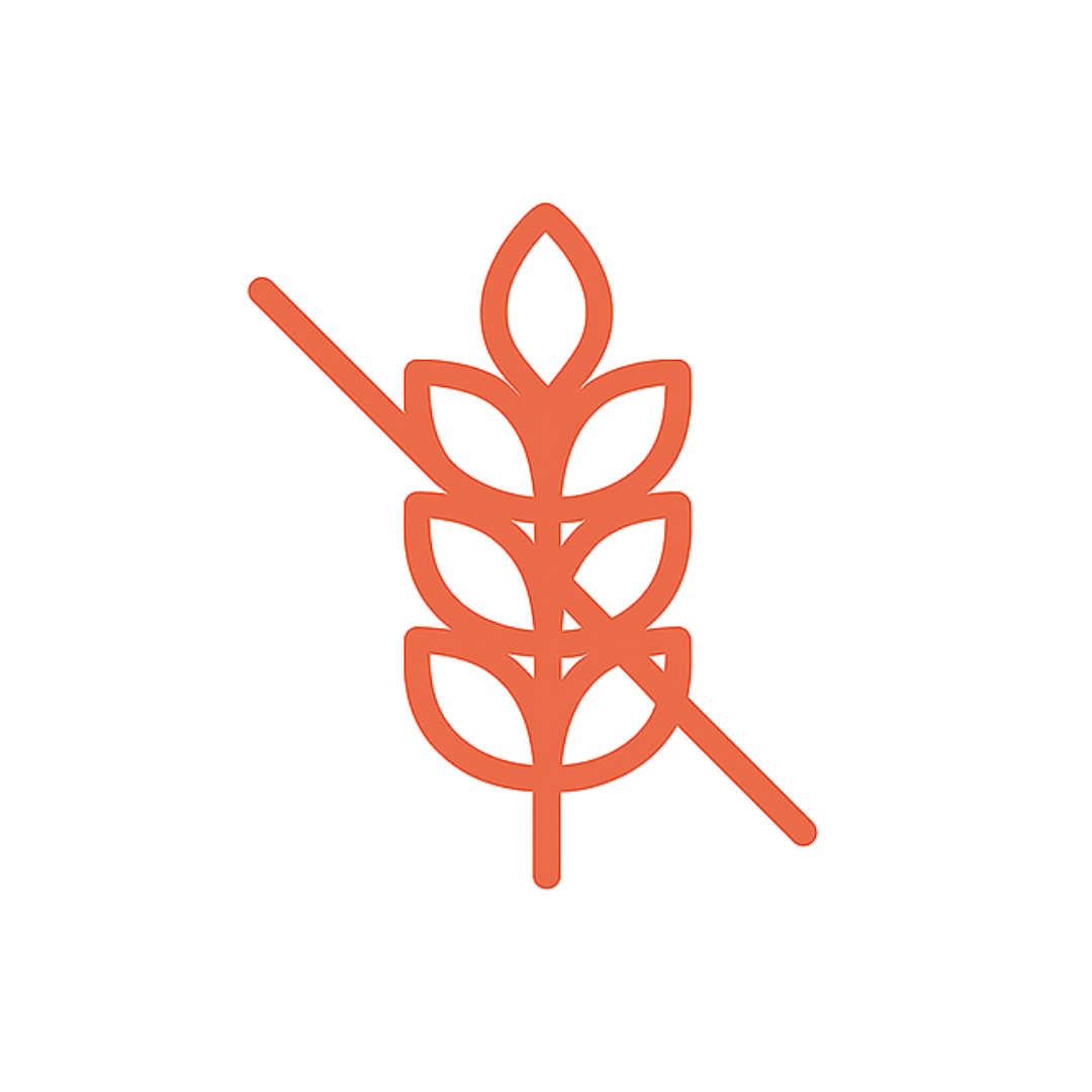 Red line icon of wheat with a slash, on a black background.