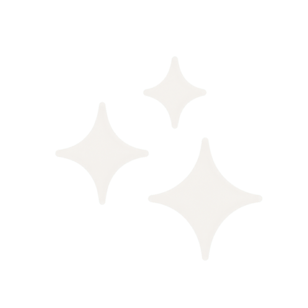 Three white, stylized sparkles on a black background.