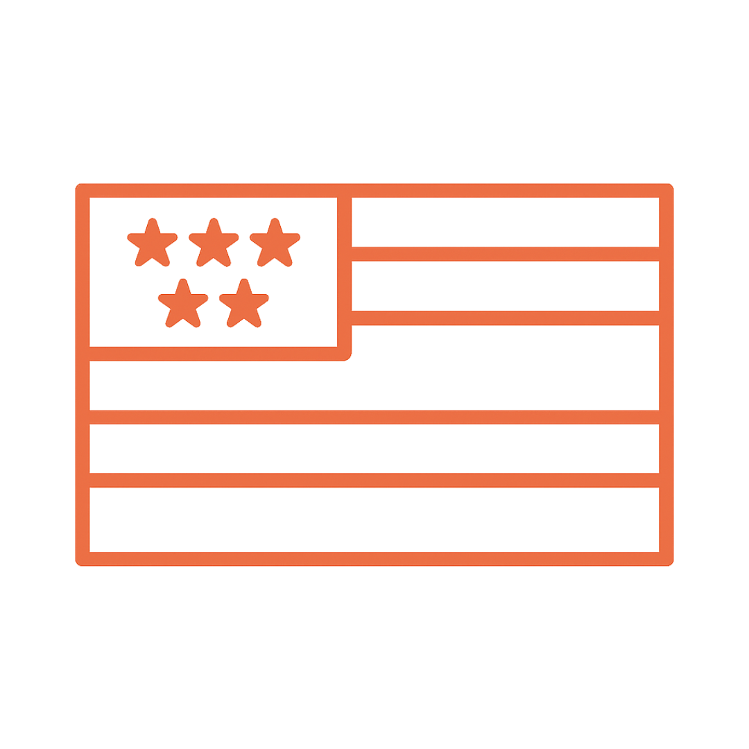 Outline of a flag with five stars and stripes in orange.