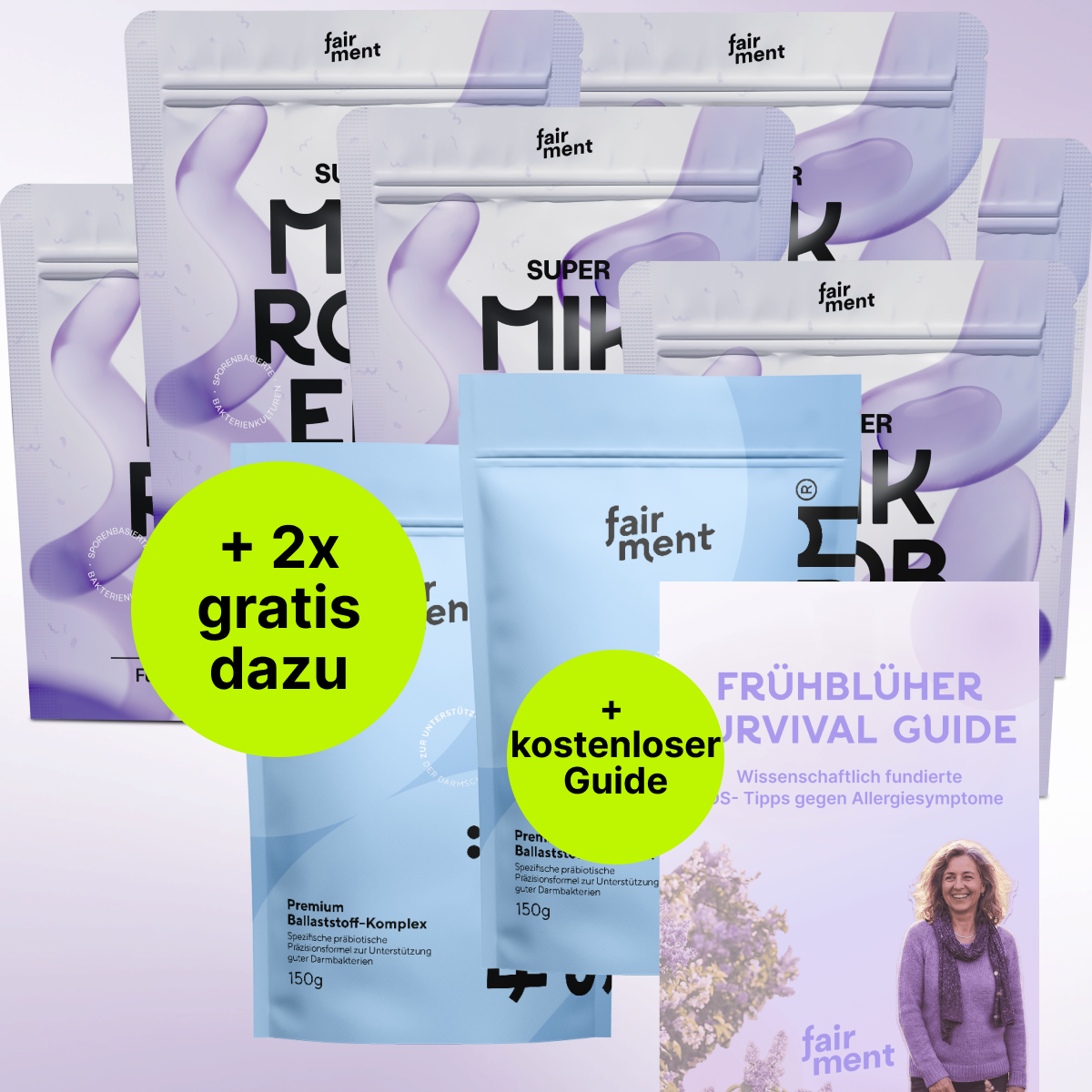 An arrangement of 'fair ment' brand pouches and a guide, with German promotional text overlays.