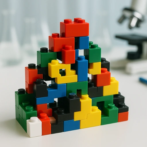 Colorful LEGO blocks stacked in a pyramid shape on a table with a microscope in the background.