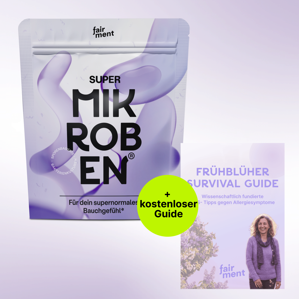 A pouch of Fairment Super Mikroben supplement next to a promotional booklet for a survival guide.