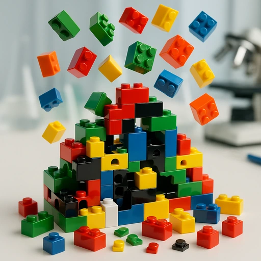 Colorful building blocks stacked with some floating above, on a table with a microscope in the background.