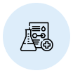 Icon of a beaker, document, and medical cross on a light blue circle.
