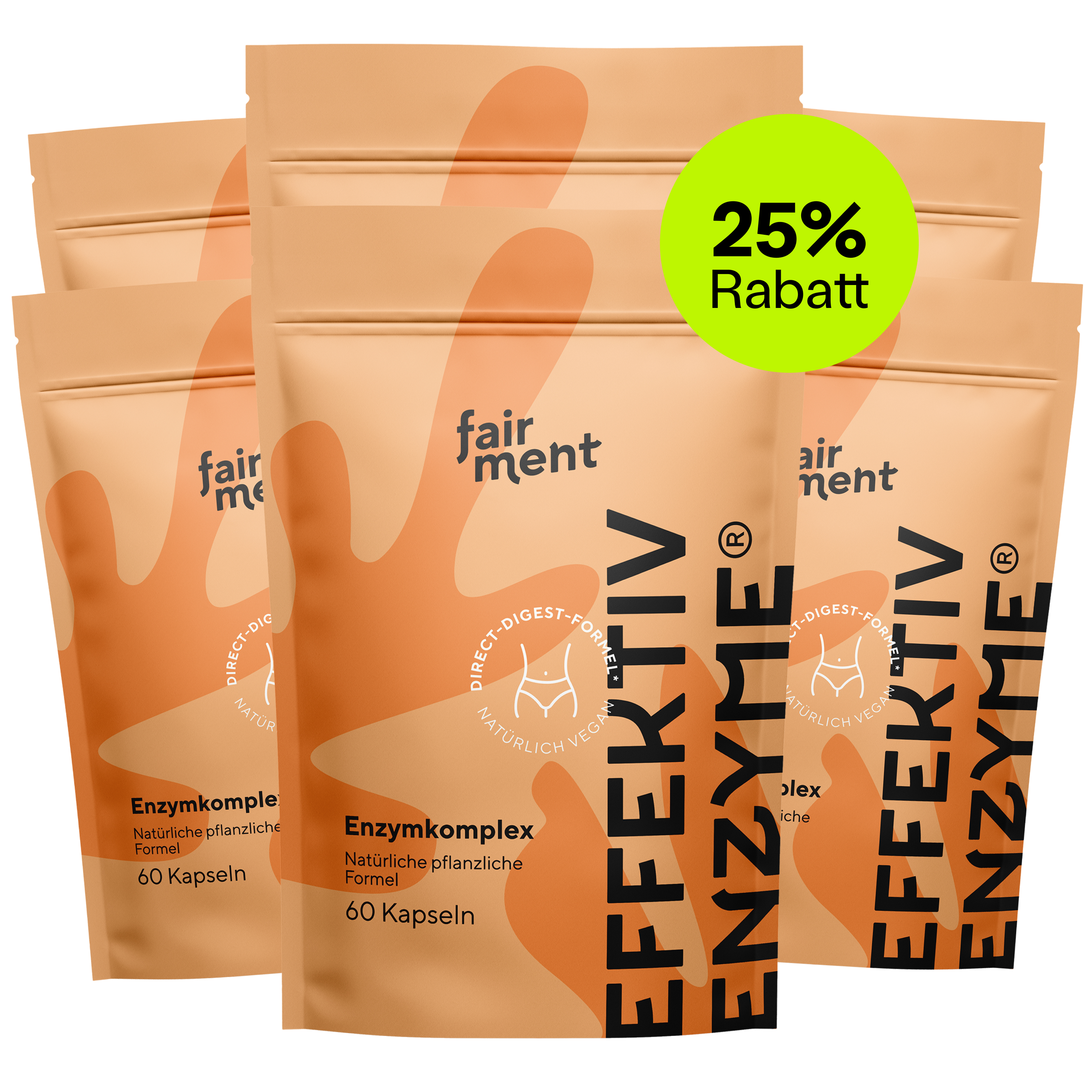 Packages of 'Effektiv Enzyme' with 25% Rabatt label on a green circle.