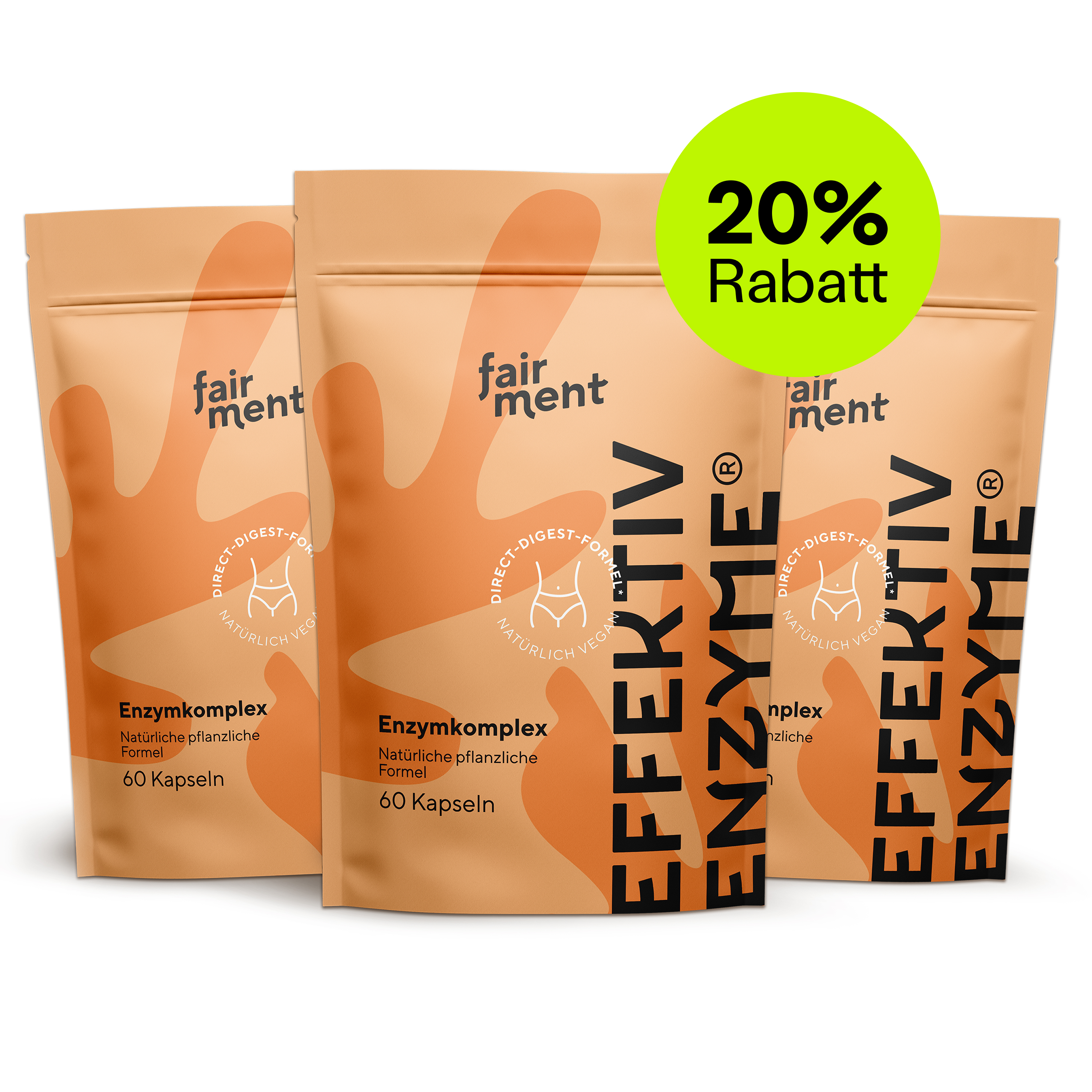 Three enzyme supplement packages with a 20% discount label.