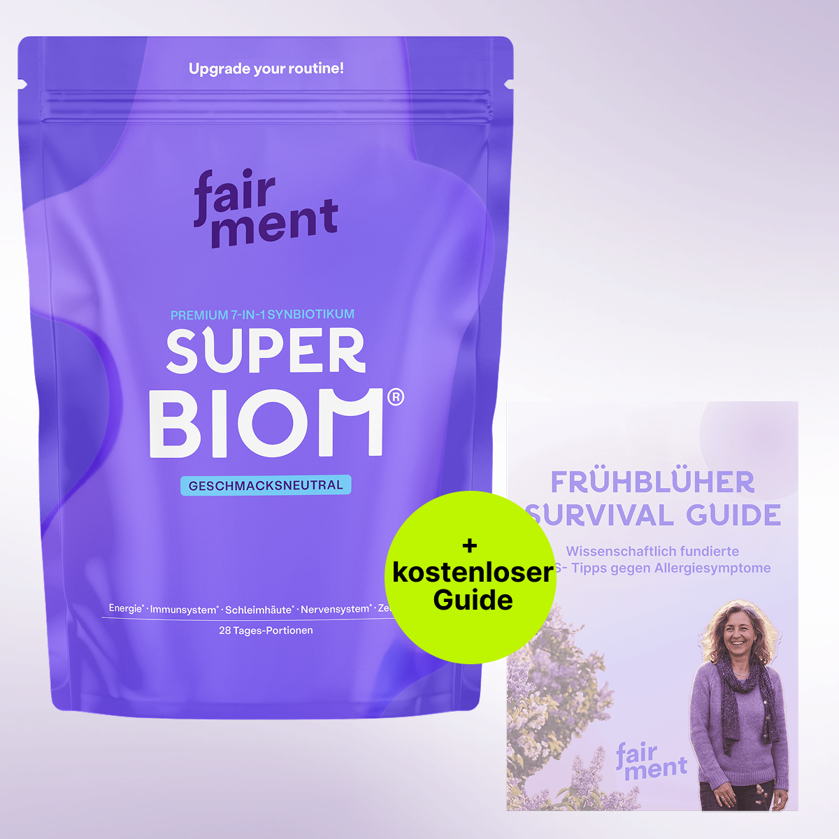 A purple pouch of Fairment Super Biom synbiotic powder next to a Frühblüher Survival Guide booklet.