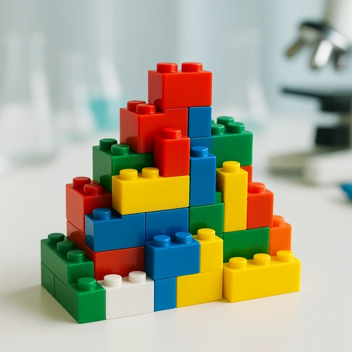Colorful building blocks stacked in a pyramid shape on a table.