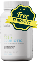 White bottle of probiotics with 'Free Shipping' label.