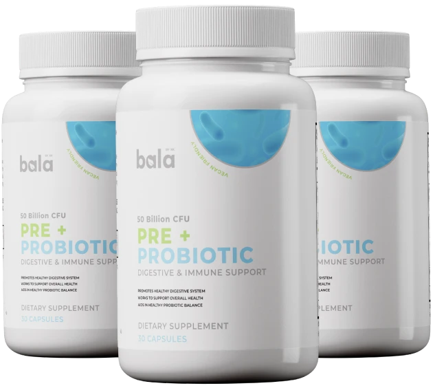 Three bottles of Bala Pre + Probiotic dietary supplement.