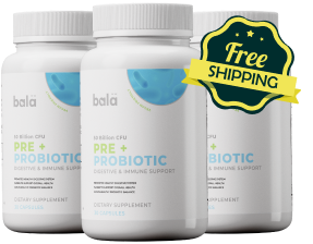 Three bottles of probiotic supplements with a 'Free Shipping' badge.
