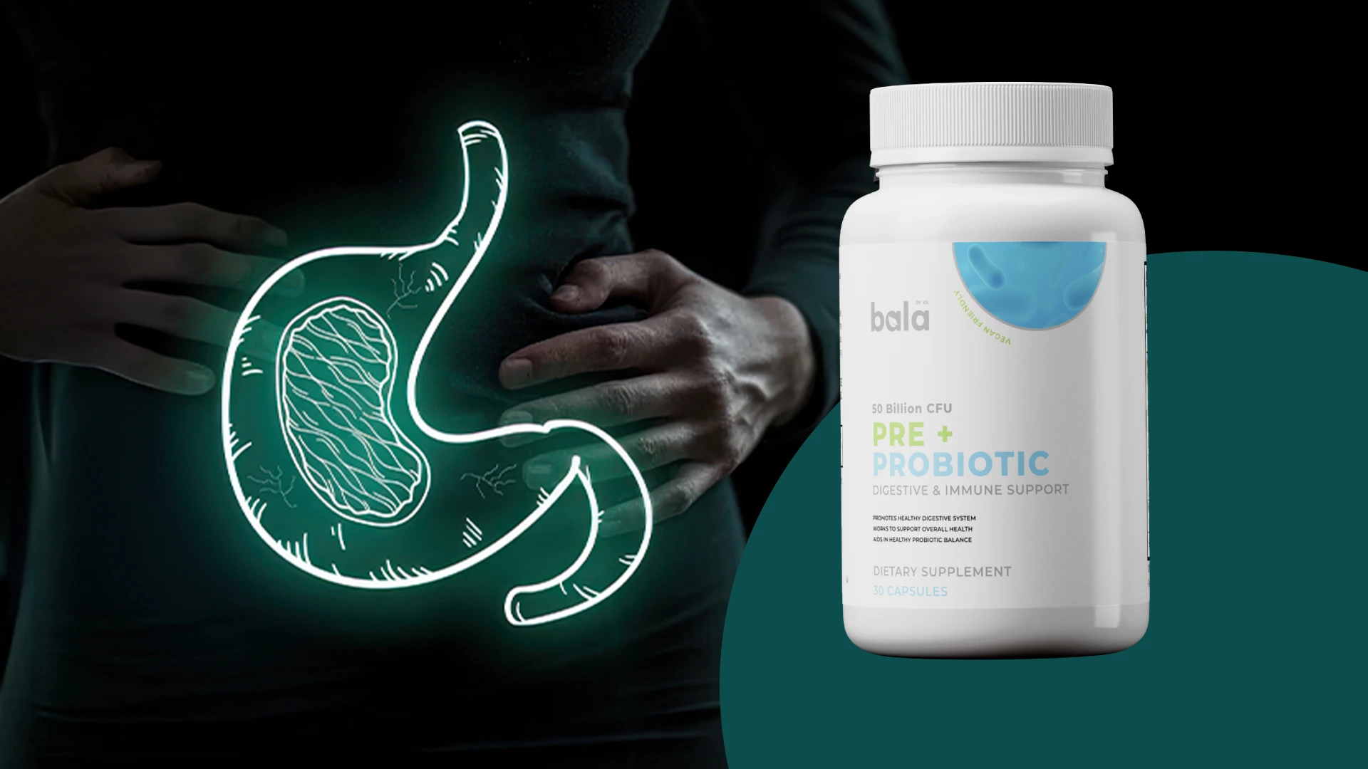 Illustration of a stomach with a probiotic supplement bottle.