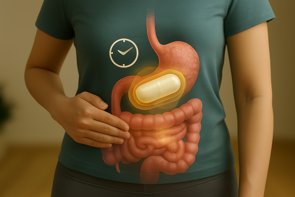 Illustration of digestive system with a pill and clock overlay on a person's torso.