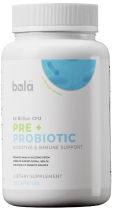 White bottle labeled 'bala Pre + Probiotic' dietary supplement.