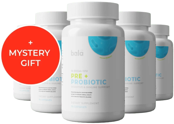 Four probiotic supplement bottles with a red mystery gift label.