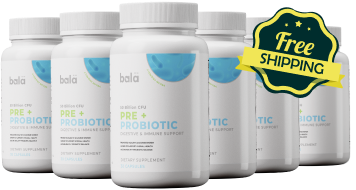Several bottles of probiotic supplements with a 'Free Shipping' badge.