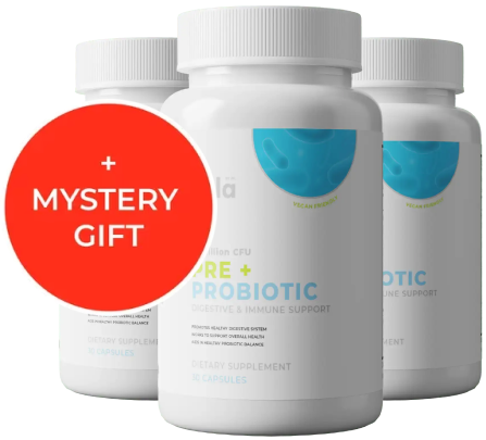 Three probiotic supplement bottles with a red circle labeled '+ Mystery Gift.'