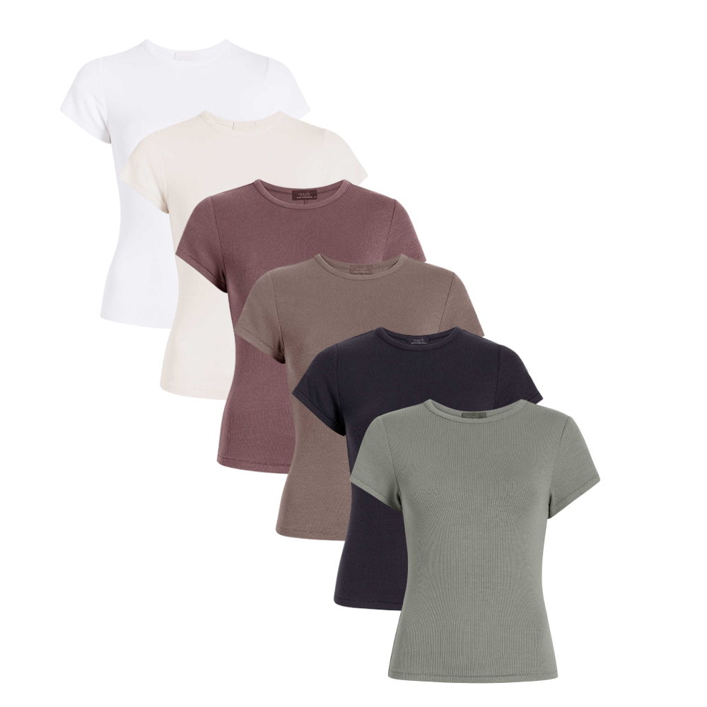 Five short-sleeve t-shirts in different colors arranged in a row.