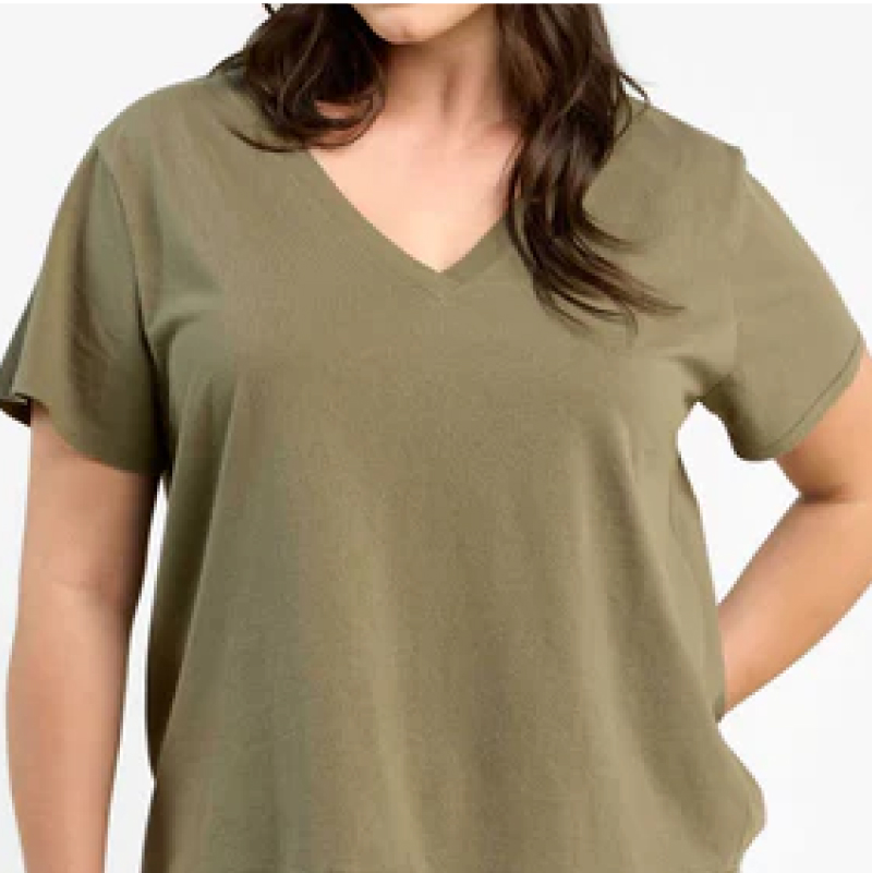 Person wearing a plain olive green V-neck T-shirt.