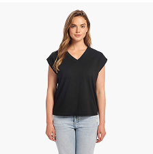 Person wearing a black V-neck top and light blue jeans on a white background.