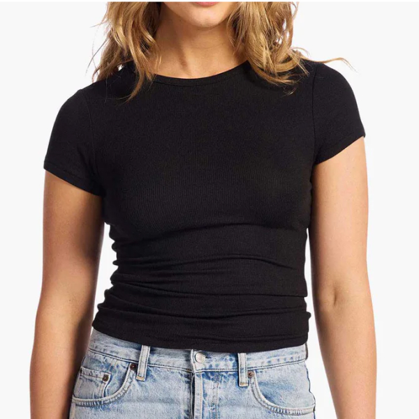 Person wearing a black t-shirt and blue jeans.
