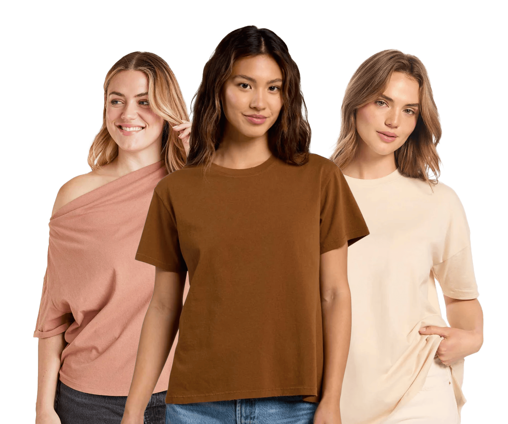 Three women wearing different colored casual tops.