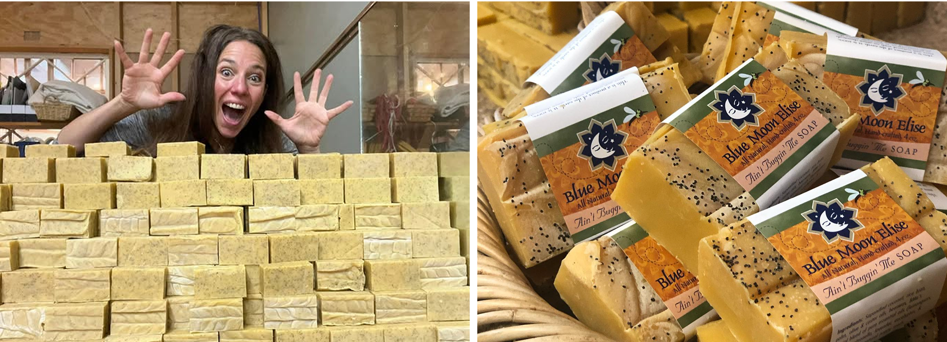 Person excitedly posing with stacks of handmade soap bars.