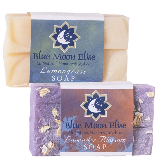 Two bars of Blue Moon Elise soap, one Lemongrass and one Lavender Blossom, against a white background.