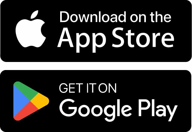 App Store and Google Play download buttons.