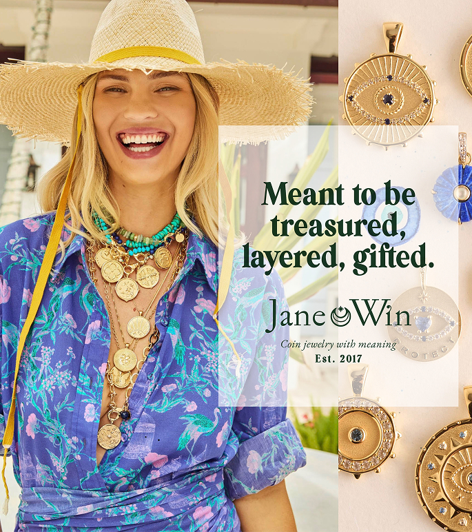 Smiling woman in a hat wearing layered coin necklaces, with jewelry advertisement text.